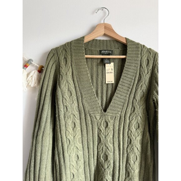 Vintage Eddie Bauer Wool Green Fisherman Cable Knit Sweater Old Money Y2k NWT S - Picture 4 of 8